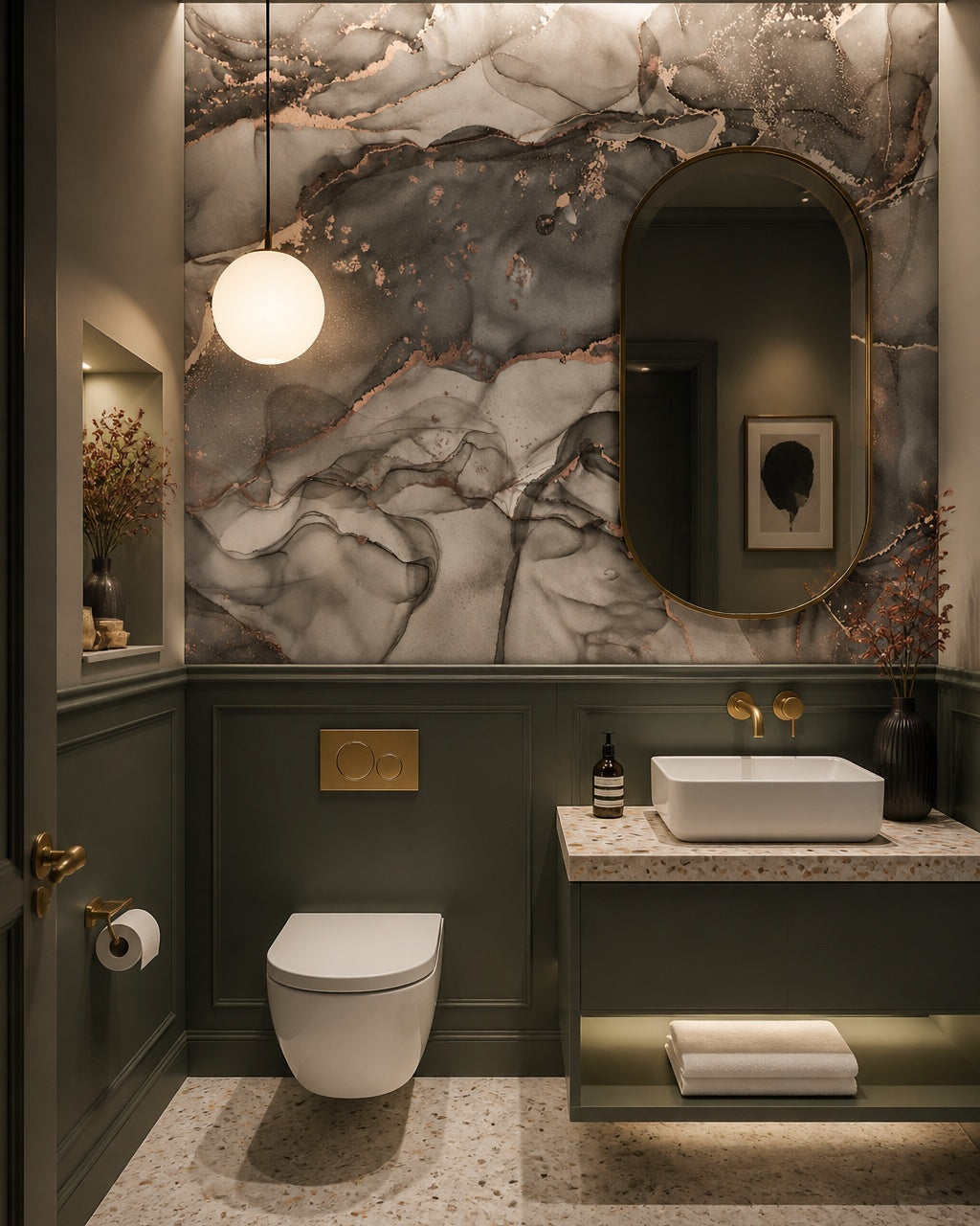 Grey gold marble wallpaper in a luxury bathroom.