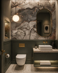 Grey gold marble wallpaper in a luxury bathroom.