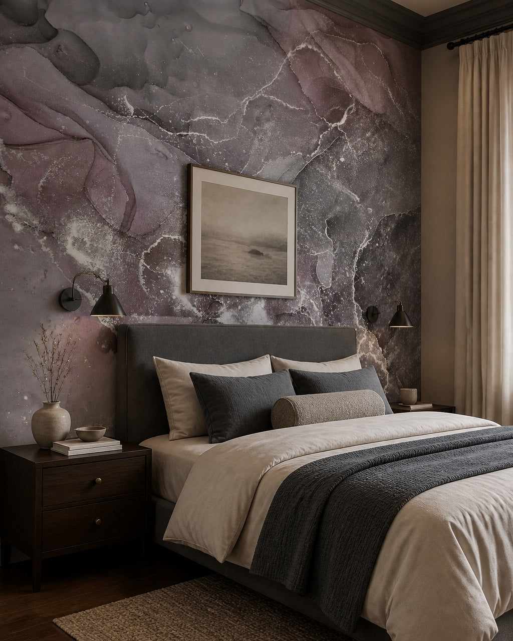 Violet and silver marble wallpaper in a designer bedroom.