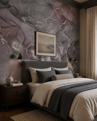 Violet and silver marble wallpaper in a designer bedroom.