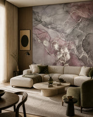 Violet and silver marble wallpaper in a designer living room.