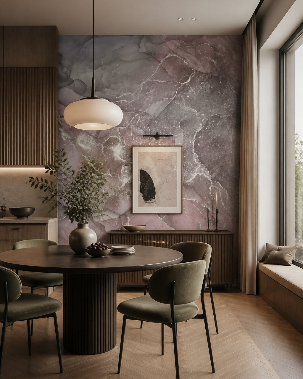 Violet and silver marble wallpaper in a refined dining area.