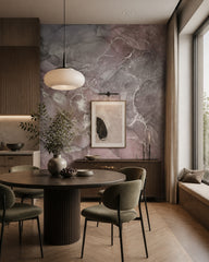 Violet and silver marble wallpaper in a refined dining area.