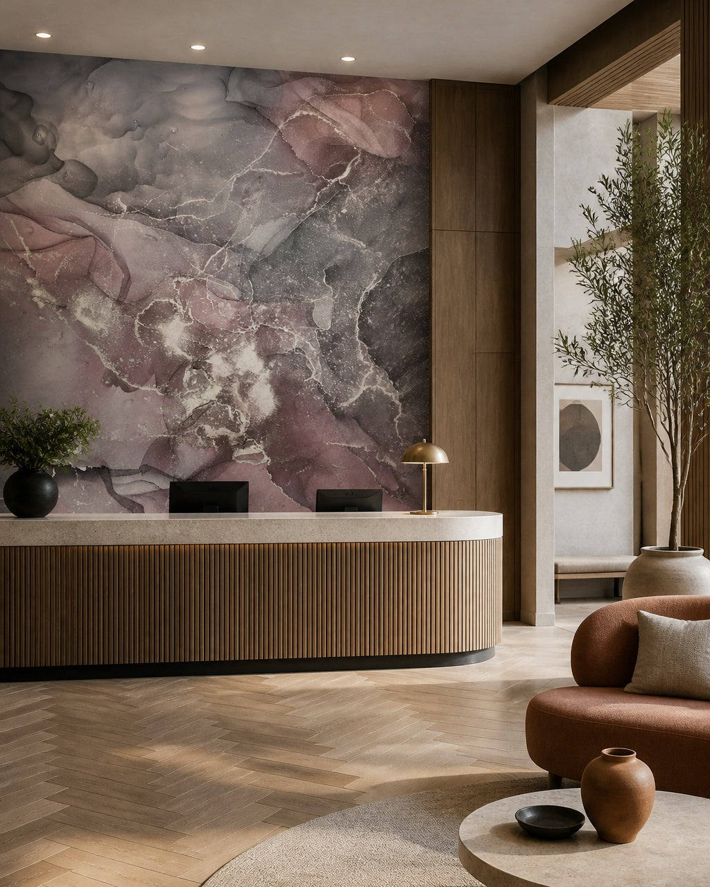 Violet and silver marble wallpaper in a boutique hotel lobby.