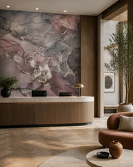 Violet and silver marble wallpaper in a boutique hotel lobby.