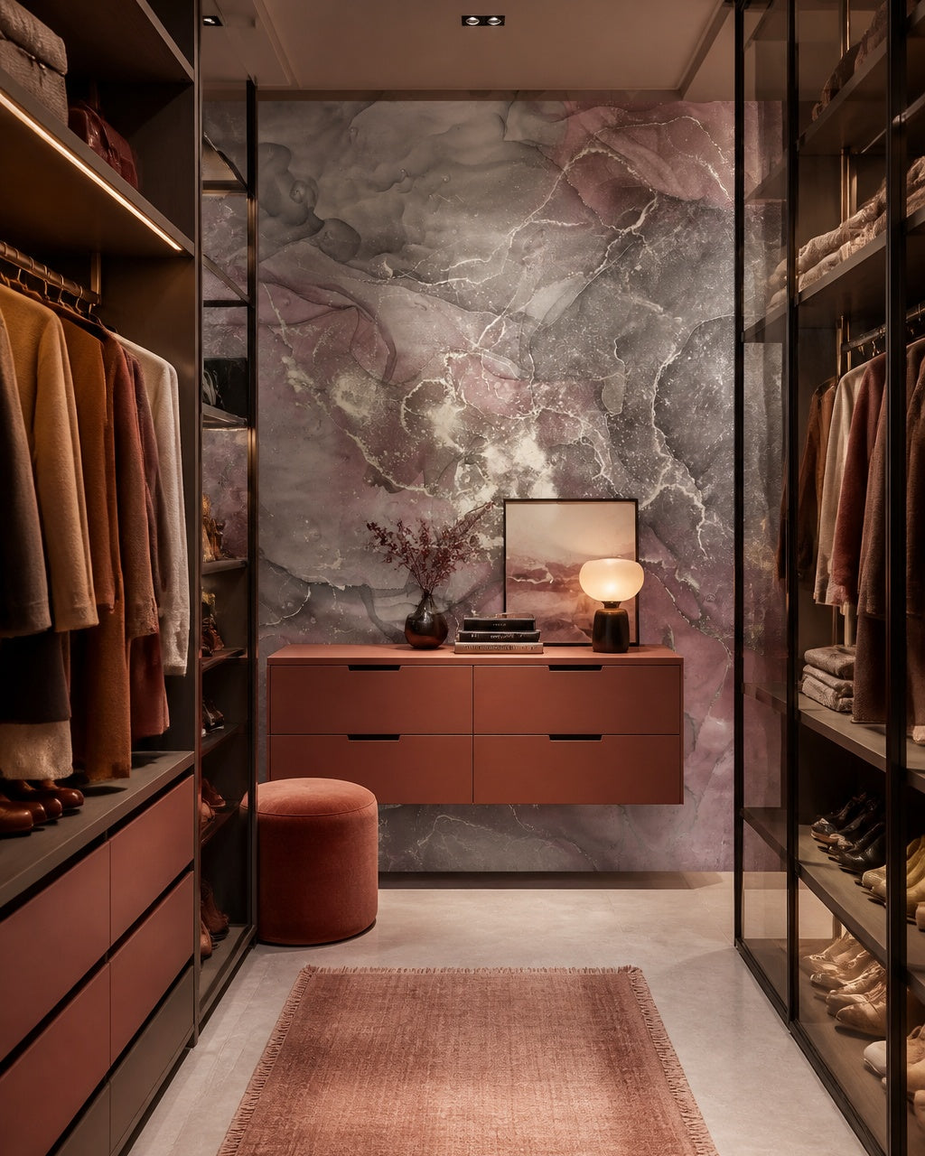 Violet and silver marble wallpaper in a dressing room.