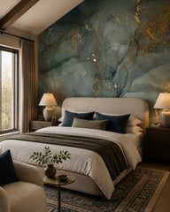 Sage green gold marble wallpaper in a designer bedroom.