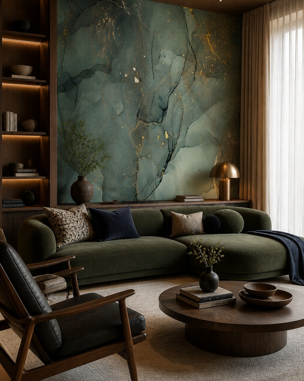Sage green gold marble wallpaper in a designer living room.