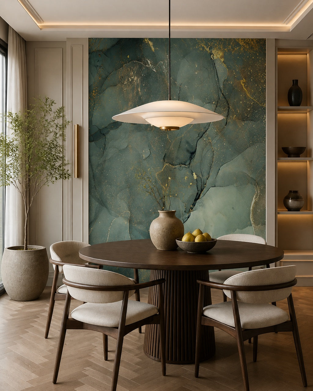 Sage green gold marble wallpaper in a refined dining area.