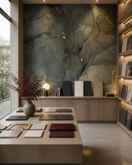 Sage green gold marble wallpaper in a design showroom.