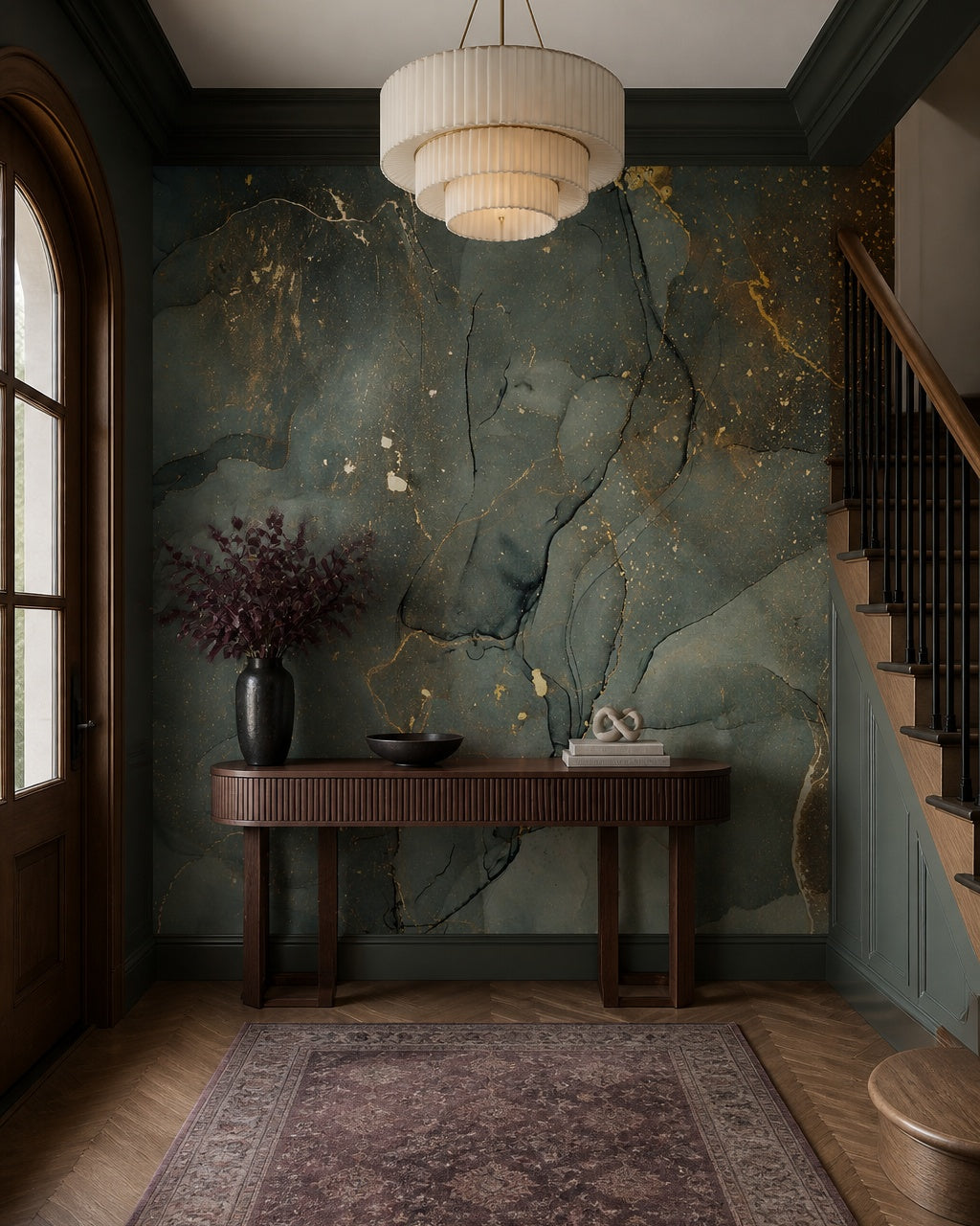 Sage green gold marble wallpaper in a refined foyer.