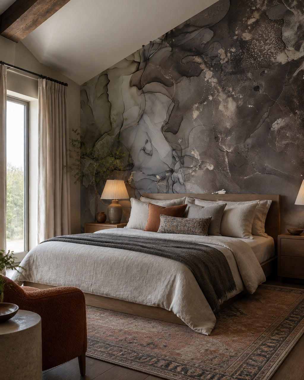 Grey smoke marble wallpaper in a designer bedroom.