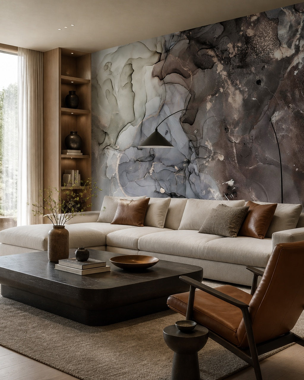 Grey smoke marble wallpaper in a designer living room.