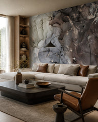 Grey smoke marble wallpaper in a designer living room.