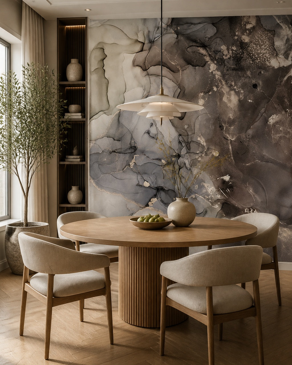 Grey smoke marble wallpaper in a refined dining area.