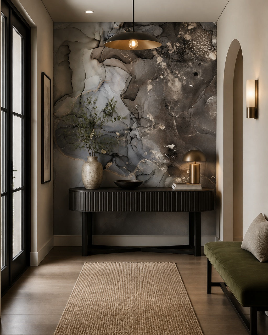 Grey smoke marble wallpaper in an architectural hallway.