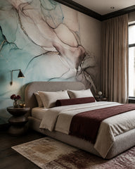 Teal ink wash wallpaper in a designer bedroom.