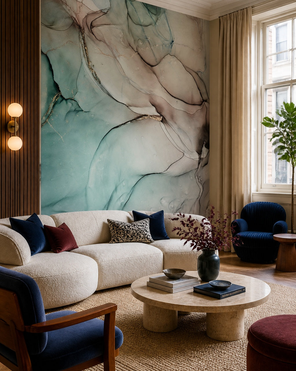 Teal ink wash wallpaper in a designer living room.