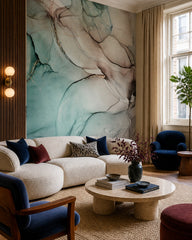 Teal ink wash wallpaper in a designer living room.
