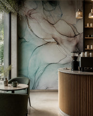 Teal ink wash wallpaper in a specialty coffee shop.