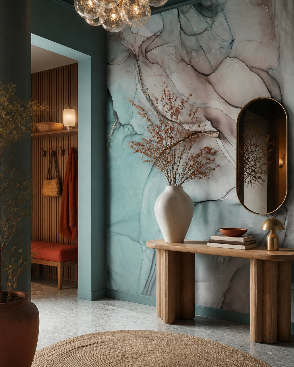Teal ink wash wallpaper in a designer entrance hall.