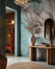 Teal ink wash wallpaper in a designer entrance hall.