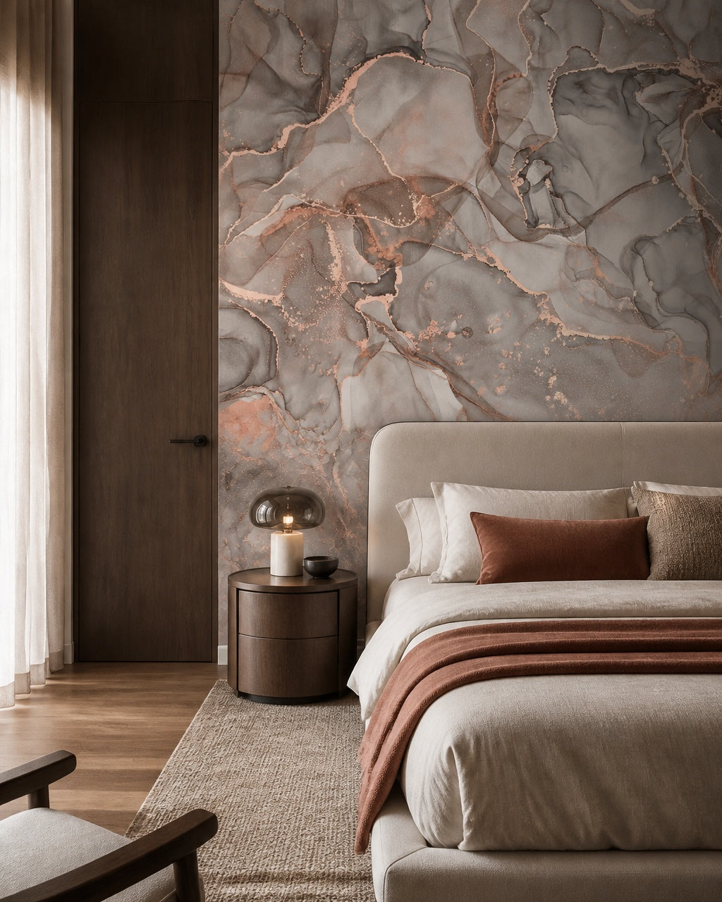Pink and grey marble wallpaper in a designer bedroom.