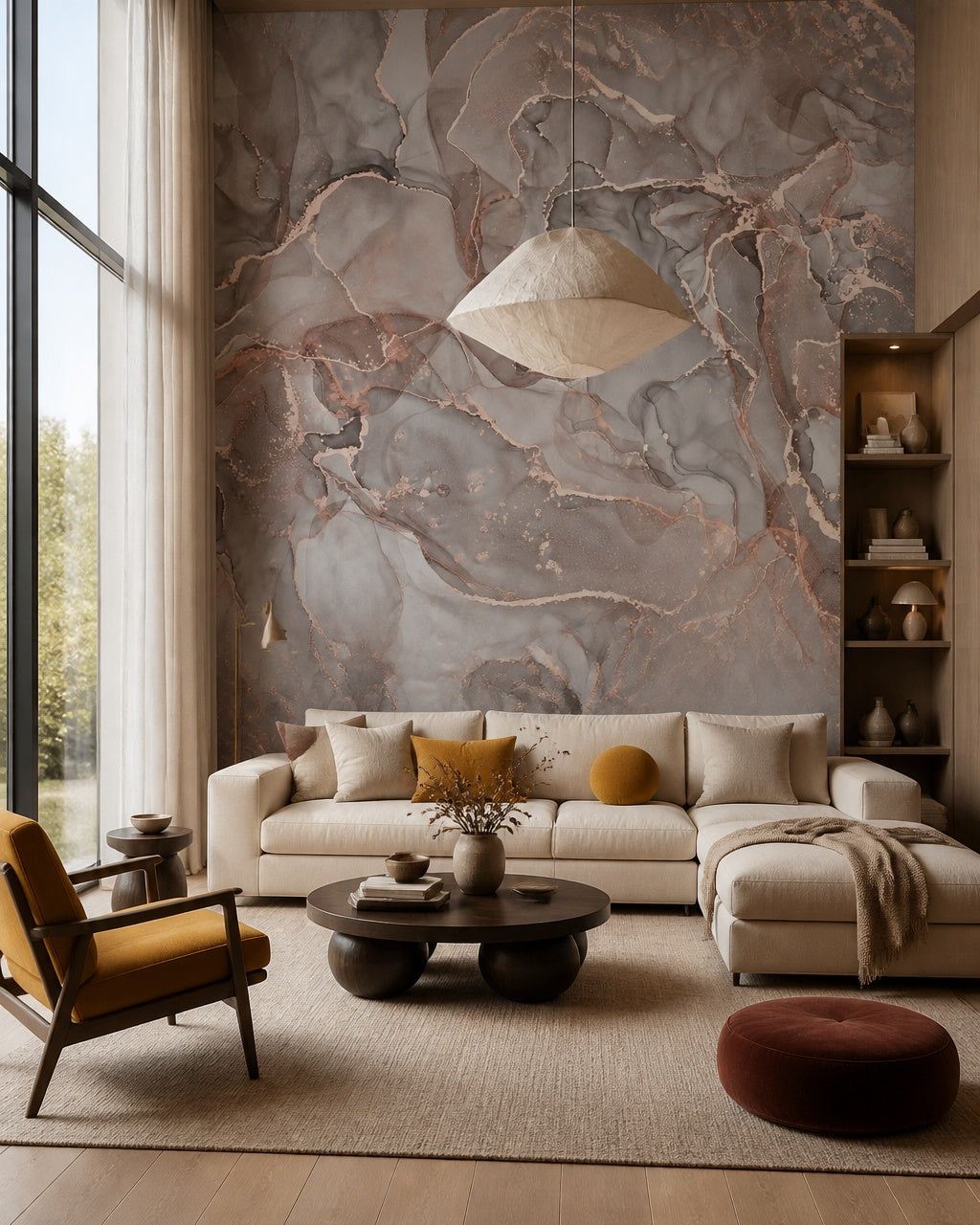 Pink and grey marble wallpaper in a designer living room.