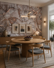 Pink and grey marble wallpaper in a refined dining area.
