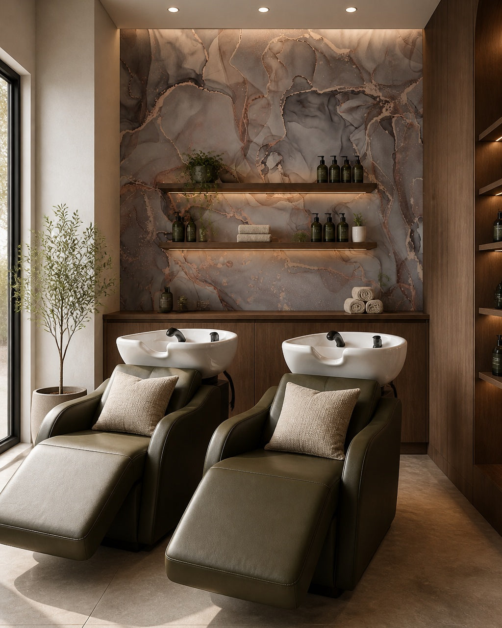 Pink and grey marble wallpaper in a beauty salon.