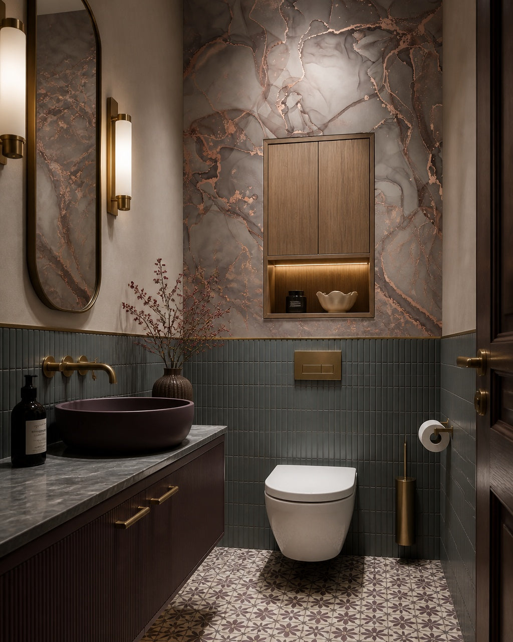 Pink and grey marble wallpaper in an elegant powder room.