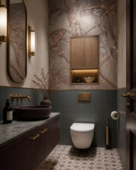 Pink and grey marble wallpaper in an elegant powder room.