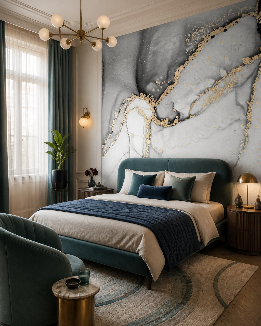 White and black gold marble wallpaper in a designer bedroom.