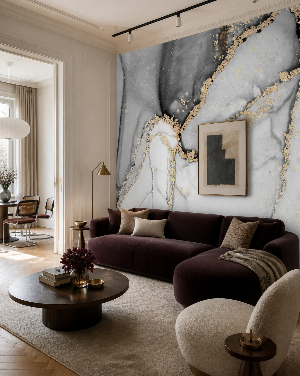 White and black gold marble wallpaper in a designer living room.