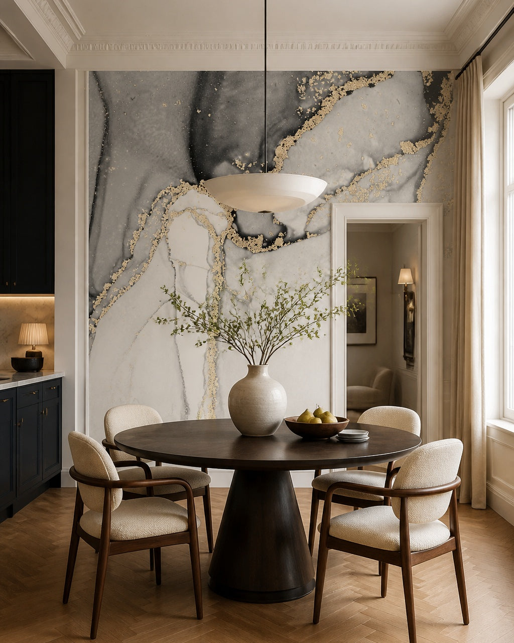 White and black gold marble wallpaper in a refined dining area.