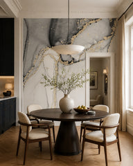 White and black gold marble wallpaper in a refined dining area.