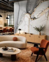 White and black gold marble wallpaper in a creative office lounge.