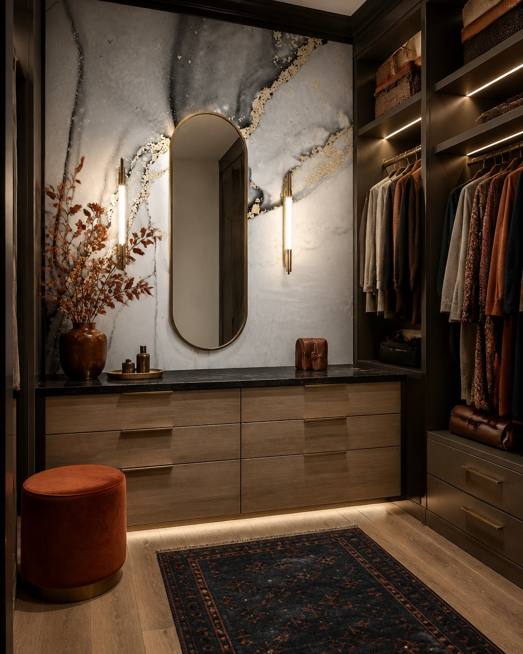 White and black gold marble wallpaper in a walk-in wardrobe.