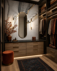 White and black gold marble wallpaper in a walk-in wardrobe.