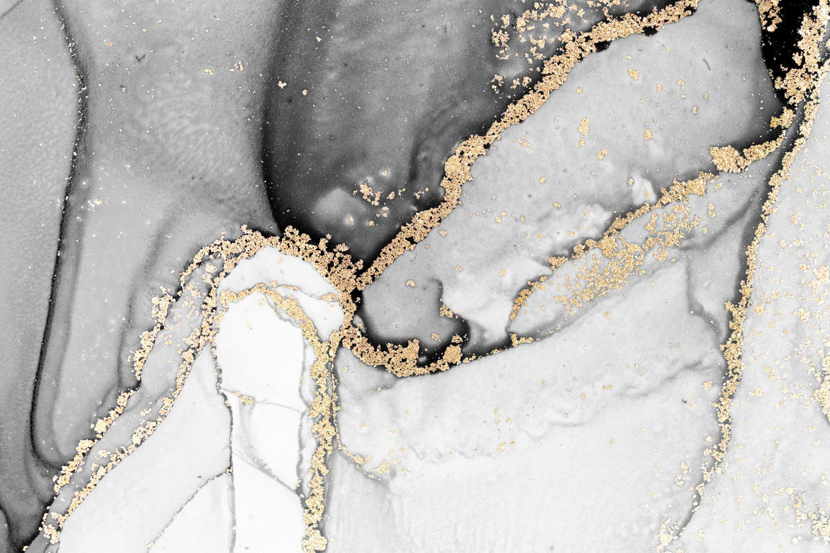 Papier peint marbre blanc et noir doré – Papier peint panoramique encre fluide grise aux paillettes dorées