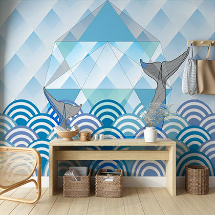 Abstract Geometric and Ocean Wave Patterns with Whale Illustration Wallpaper