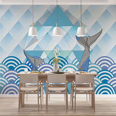 Abstract Geometric and Ocean Wave Patterns with Whale Illustration Wallpaper