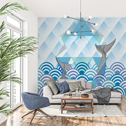 Abstract Geometric and Ocean Wave Patterns with Whale Illustration Wallpaper