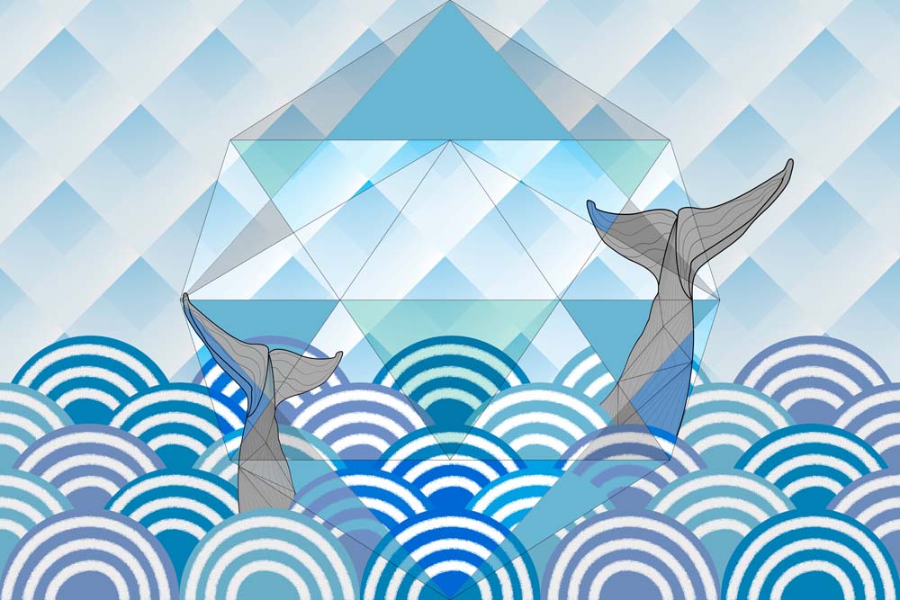 Abstract Geometric and Ocean Wave Patterns with Whale Illustration Wallpaper