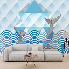 Custom Blue Whale Wall Mural Geometrical Under the Sea Wallpaper