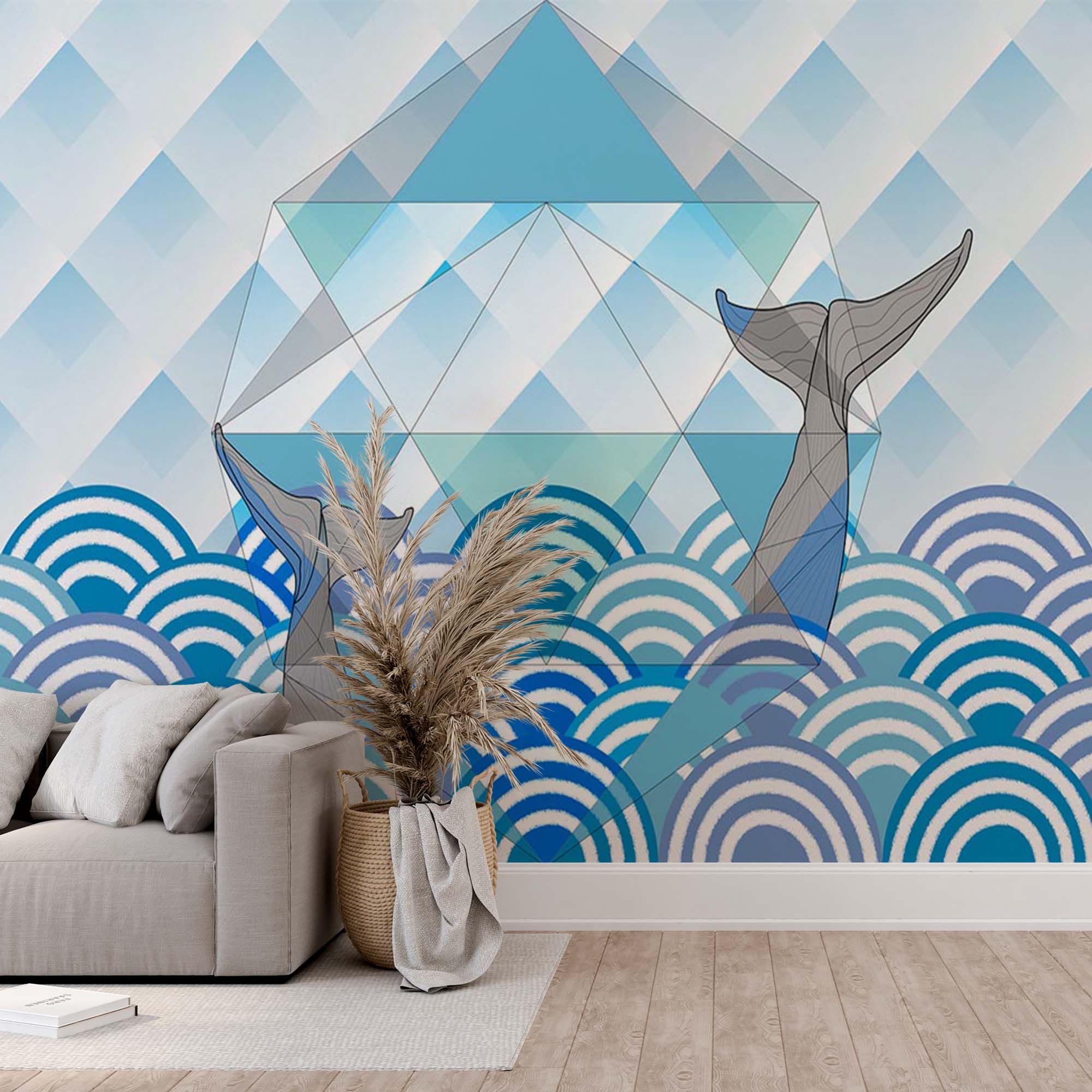 Blue Whale Wall Mural Geometrical Under the Sea Wallpaper