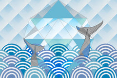 Custom Blue Whale Wall Mural Geometrical Under the Sea Wallpaper