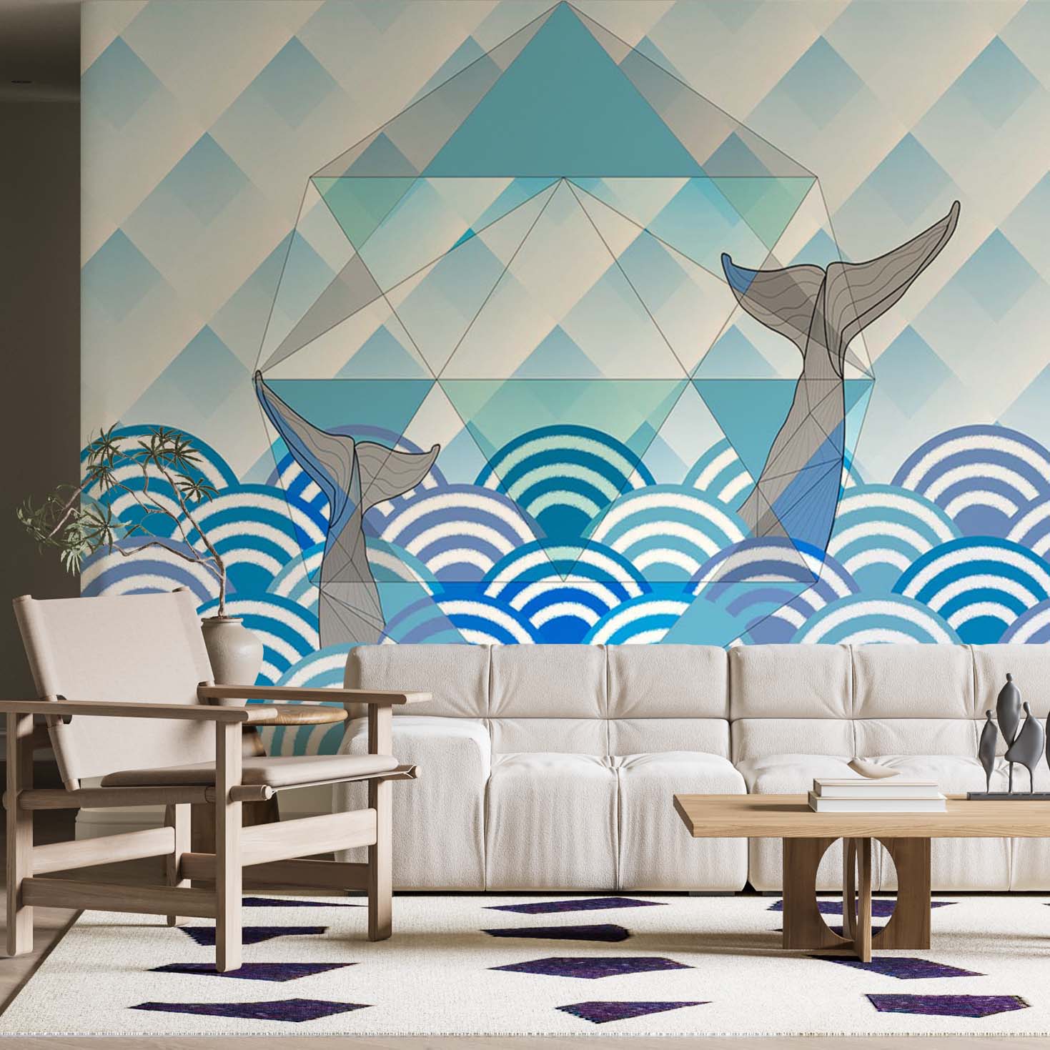 Blue Whale Wall Mural Geometrical Under the Sea Wallpaper