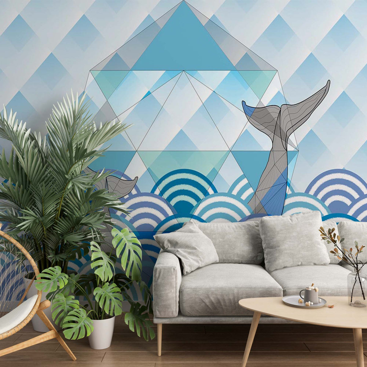 Blue Whale Wall Mural Geometrical Under the Sea Wallpaper