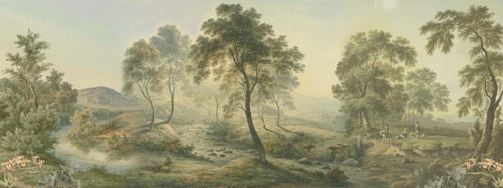 Tapete Gemalte pastorale Landschaft – Grüne Bäume und Fluss, Wandbild